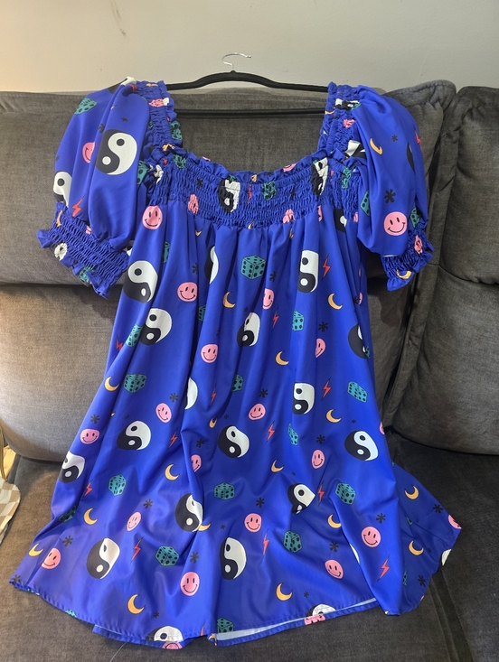 Dressed in LALA Dresses & Skirts - Dressed in LALA Royal Blue Smiley & Yin-Yang Printed Babydoll Dress